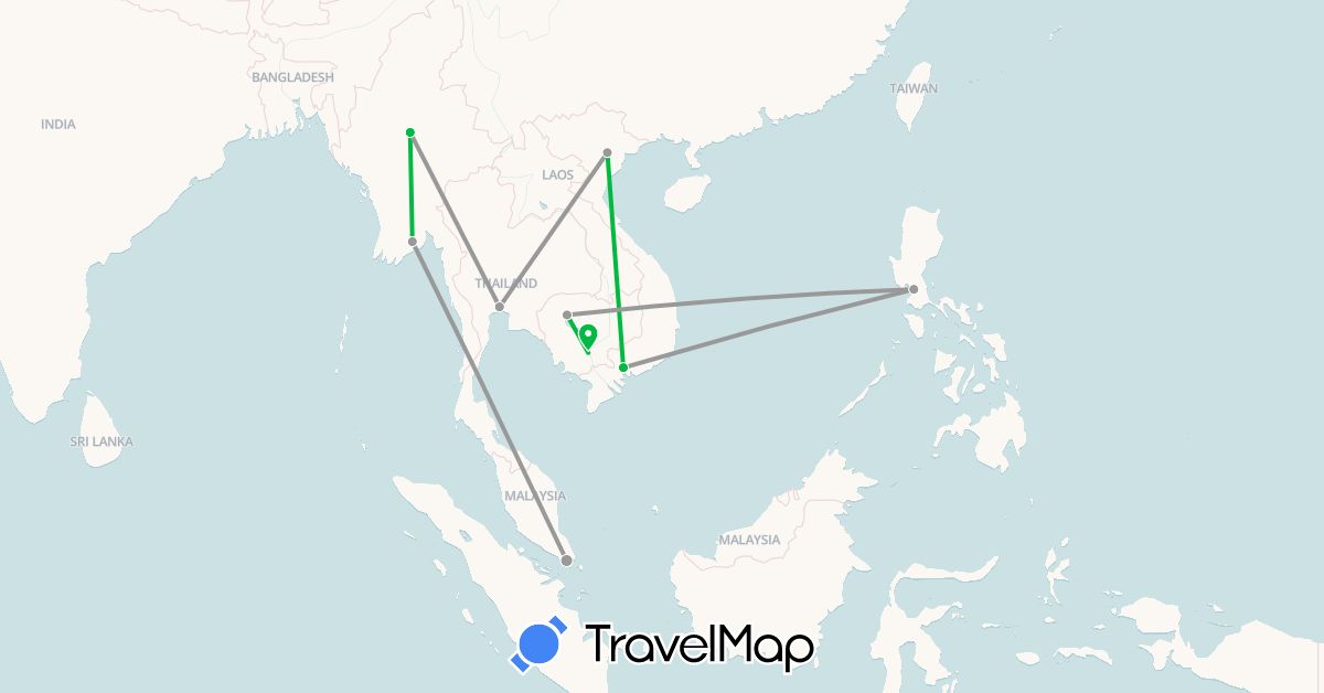 TravelMap itinerary: driving, bus, plane in Cambodia, Myanmar (Burma), Philippines, Singapore, Thailand, Vietnam (Asia)
